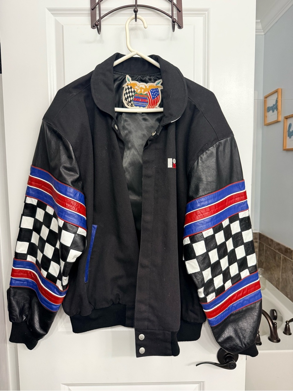 Men's Black Racing-Stripe Checkered Bomber Jacket